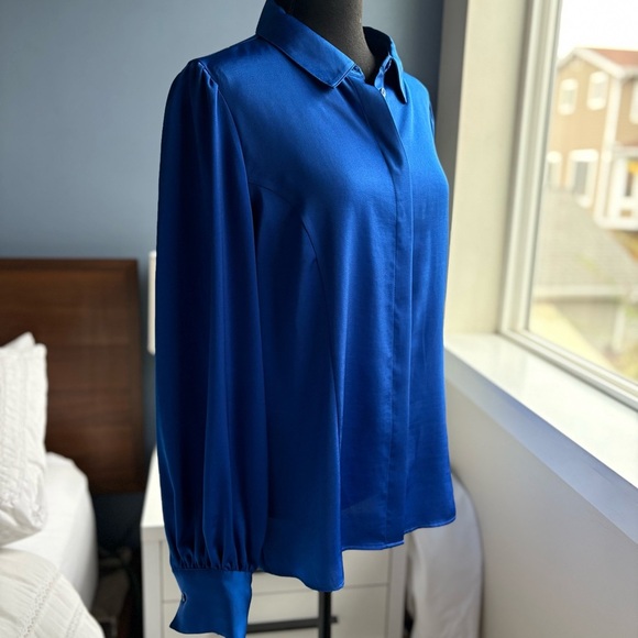DKNY Blue Satin Button Down Hidden Button Long Sleeve Shirt - Office Siren - Picture 6 of 17